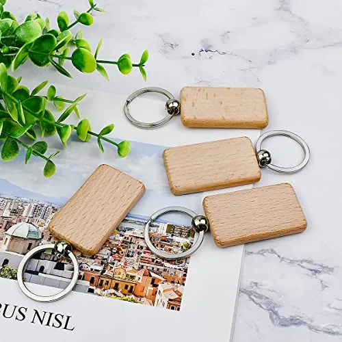 10Pcs Blanks Rectangle Wooden Keychain 1.2 inch Wood Engraving Unfinished Keychain with 10 pcs Key Rings for DIY Crafts Gift Accessories