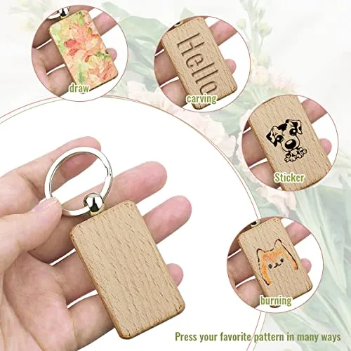 10Pcs Blanks Rectangle Wooden Keychain 1.2 inch Wood Engraving Unfinished Keychain with 10 pcs Key Rings for DIY Crafts Gift Accessories