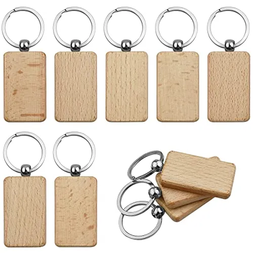 10Pcs Blanks Rectangle Wooden Keychain 1.2 inch Wood Engraving Unfinished Keychain with 10 pcs Key Rings for DIY Crafts Gift Accessories