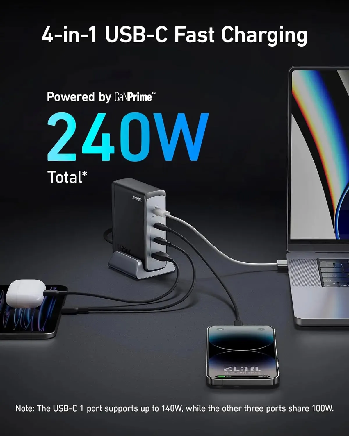 Anker Charger Powerport Prime 240W Fast Charging USB C Gan Charger A2342