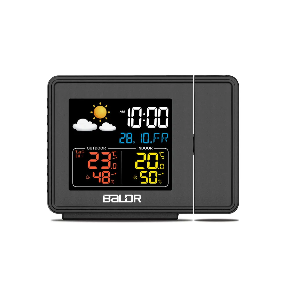 Baldr Atomic Alarm Clock with Projection Display, Indoor and Outdoor Temperature, Humidity Meter, Weather Forecasting, and more