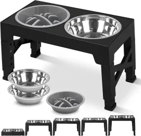 Dog Bowl Stand Table with 2 Stainless Steel Bowls and 1 Slow Food Bowl