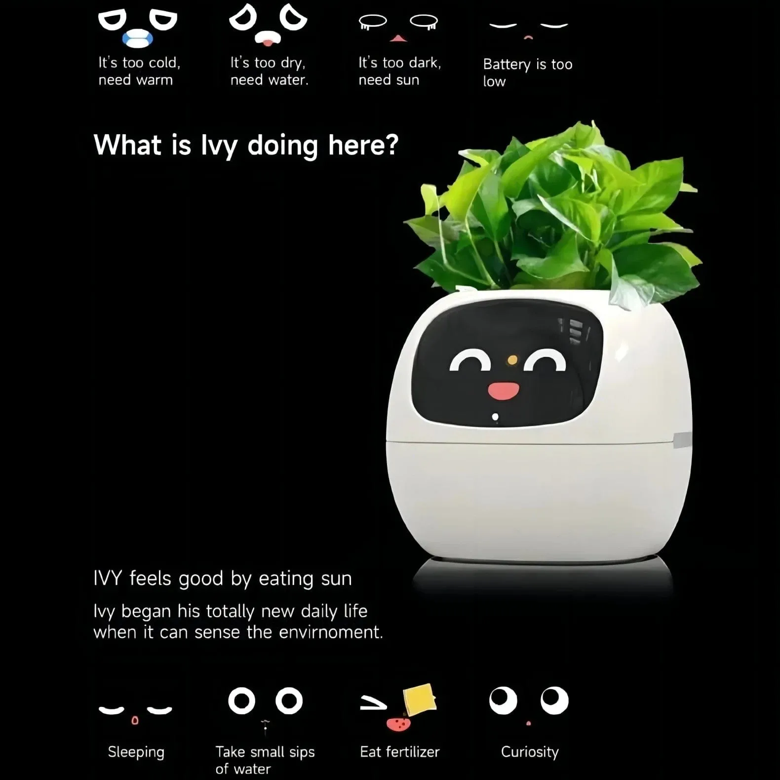 IvyBot: Smart Planter with AI, Over 49 Expressions, 7 Sensors for Effortless and Fun Plant Care