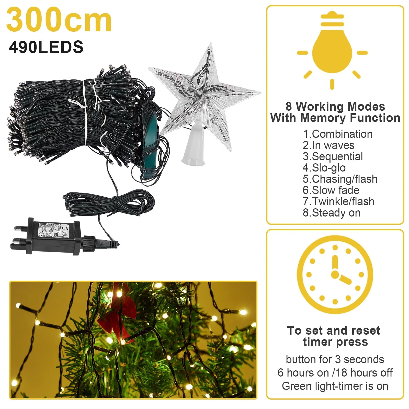 LED Christmas Tree Waterfall Lights with Star Topper Memory Twinkle Garden Holiday Lighting Christmas Decorations 8 Modes Timer