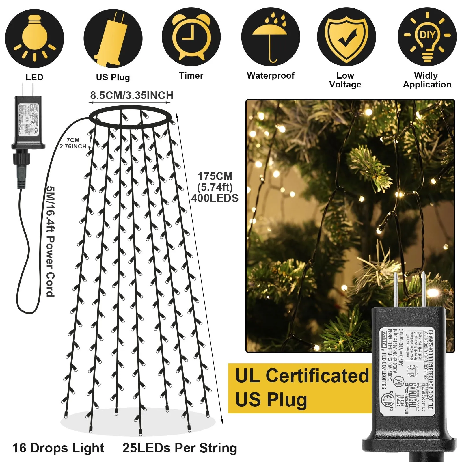 LED Christmas Tree Waterfall Lights with Star Topper Memory Twinkle Garden Holiday Lighting Christmas Decorations 8 Modes Timer