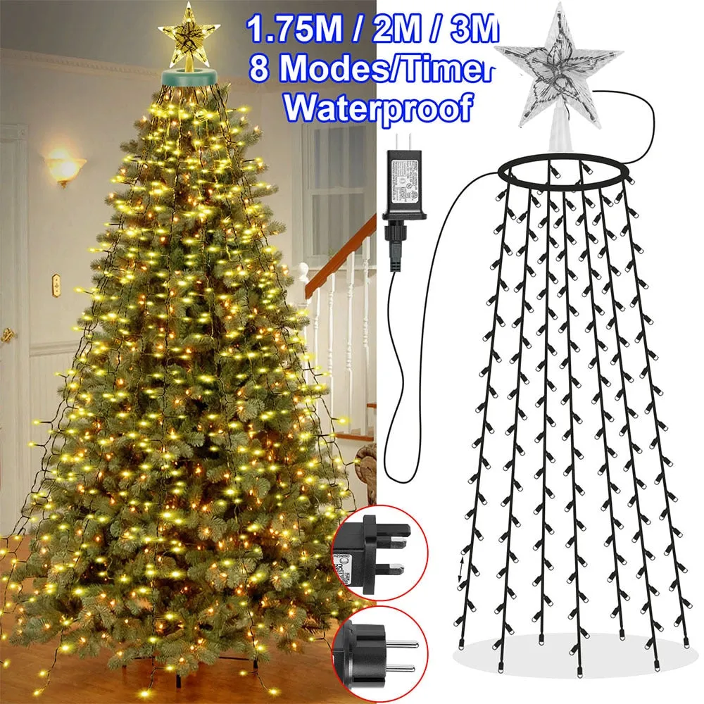 LED Christmas Tree Waterfall Lights with Star Topper Memory Twinkle Garden Holiday Lighting Christmas Decorations 8 Modes Timer