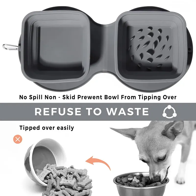 PetAffairs Double Dog Bowl with Silicone Mat for Travel